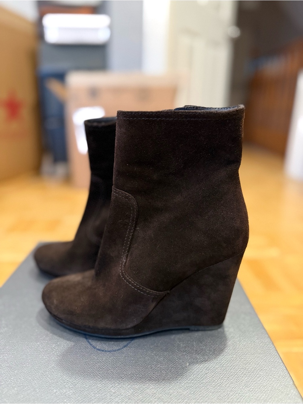Prada Dark Brown Suede Wedge Ankle Boots